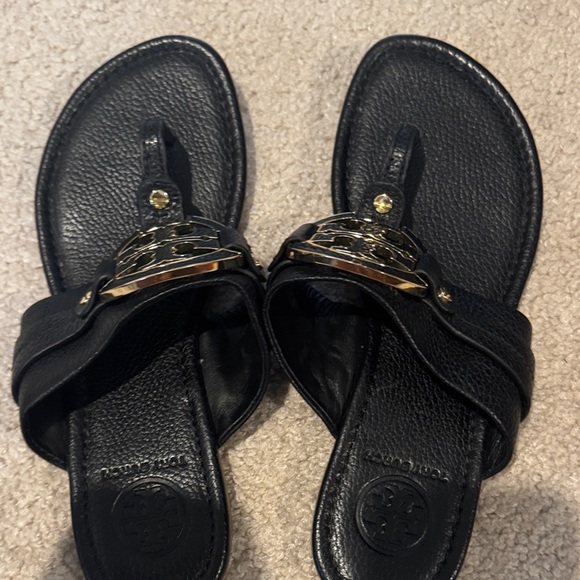 Tory Burch Black Slides with Gold Emblem - Picture 2 of 4